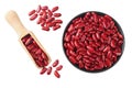 Red kidney beans in black bowl with wooden spoon isolated on white background. top view Royalty Free Stock Photo