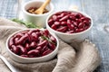 Red kidney beans from can in white bowl Royalty Free Stock Photo