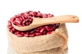 red kidney beans in the sackcloth bag with wooden spoon isolate Royalty Free Stock Photo