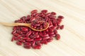 Red kidney beans and spoon on wooden background, top view, flat lay, top-down, selective focus.copy space Royalty Free Stock Photo