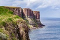 Red Kilt Rock and Mealt Falls in Isle of Skye, Scotland with the sky and sea in spectacular colors Royalty Free Stock Photo