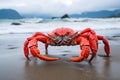 Red king crab crawling on a sandy beach, with waves crashing in the background. Generative AI Royalty Free Stock Photo