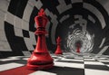 A red king piece sits on a circular chessboard, opposing white chess figures Royalty Free Stock Photo