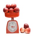 Red kitchen scale weighting nectarines Royalty Free Stock Photo