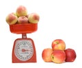 Red kitchen scale weighting peaches Royalty Free Stock Photo