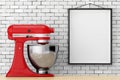 Red Kitchen Stand Food Mixer in front of Brick Wall with Blank F