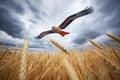 red kite against stormy sky over a barley field Royalty Free Stock Photo