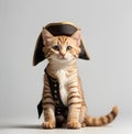 Red kitten in a brown hat and leather belt on a white background