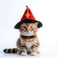 Red kitten in a red hat and black collar on a white background