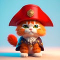 A red kitten wearing a triangular hat and leather cape