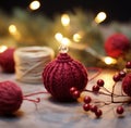 A red knitted ball with a christmas tree and lights, AI Royalty Free Stock Photo