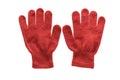 Red knitted cloth kid gloves with pattern isolated on white.