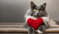 A red knitted heart and a cat. A postcard with a gray and black. Love, Valentine\'s day Royalty Free Stock Photo