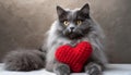 A red knitted heart and a cat. A postcard with a gray and black. Love, Valentine\'s day Royalty Free Stock Photo