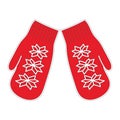 Red knitted mittens with snowflake pattern. Design element of postcards, banners and sticker Royalty Free Stock Photo