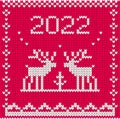 2022 Red knitted pattern reindeer square calendar cover. Royalty Free Stock Photo