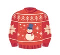 Red Knitted Sweater, Traditional Ugly Christmas Jumper With Snowman, Spruces And Snowflakes. Cozy Warm Clothing Royalty Free Stock Photo