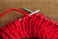 Red knitting wool, knitting needles