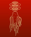 Red Korean Or Chinese Ginseng Root Logo. Silhouette Style Symbols On The Red Background. Golden Color Ginseng Symbols For Chinese