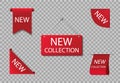 Red label of new collection. Badge of novelty arrival product in store. Exclusive accent ribbon for sale price. Promo icon for