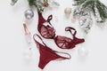 Red lace lingerie and perfume bottle. Gift set of women`s accessories and underwear on flat lay.