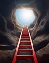 Red ladder extending from the bottom of a dark cave towards an opening at the top, where bright sunlight is visible. Symbol of