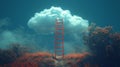 Red ladder leading to a cloud above a mystical forest Royalty Free Stock Photo