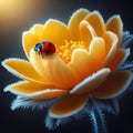 A red lady bug perched on a yellow flower with shimmering frost Royalty Free Stock Photo