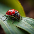 Red ladybug with a black spot sitting on a large green leaf