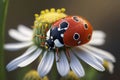 Red ladybug on camomile flower. AI Generation