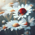 red ladybug on camomile flower, ladybird creeps on stem of plant in spring in garden in summer. ai generative
