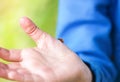 Red ladybug in the child`s hand Royalty Free Stock Photo