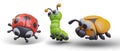 Red ladybug, green caterpillar, yellow beetle. Vector 3D insects for children stories, books, apps