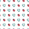 Red Ladybug and Green Clover Leaves Vector Graphic Seamless Pattern Royalty Free Stock Photo