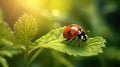 red ladybug on a green leaf in the grass, close-up blurred Royalty Free Stock Photo