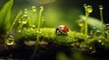 red ladybug on a green leaf in the grass, close-up blurred Royalty Free Stock Photo