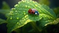 red ladybug on a green leaf in the grass, close-up blurred Royalty Free Stock Photo