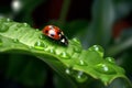 Red ladybug green leaf morning. Generate Ai