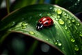 Red ladybug green leaf nature. Generate Ai