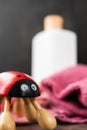 Red ladybug hand massager and some colorful towels