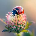 Red ladybug sitting on a flower, smudged background sunset rays. Close-up view. Flowering flowers, a symbol of spring, new life