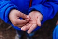 Red ladybug sitting on the hands of a child Royalty Free Stock Photo