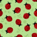 Red ladybugs, ladybirds with green leaves vector seamless background Royalty Free Stock Photo