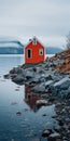 red lake house, scandinavian style. Image for poster or postcard. Generative AI Royalty Free Stock Photo