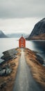 red lake house, scandinavian style. Image for poster or postcard. Generative AI Royalty Free Stock Photo