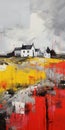 Abstract Scottish Landscape Painting Of Red And Yellow Houses In A Field