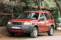 Red Land Rover Freelander on street. Royalty Free Stock Photo