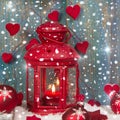 Red lantern with candlelights and shnowflakes - christmas atmosphere