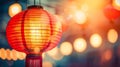 A red lantern is lit up in a dimly lit room. Generative AI