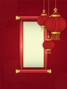 Red lantern and scroll in front of chinese abstract background in paper cut style. Suitable for graphic, banner, card, flyer and